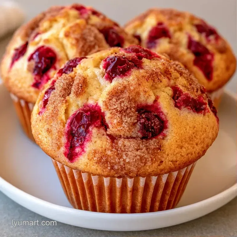 A stack of warm muffins on a white ceramic platter, garnished with a sprig of mint and fresh cranberries.