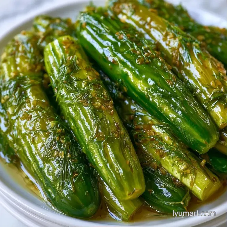 Sliced translucent green pickle rounds artfully arranged on a white platter with a garnish of fresh dill herbs.