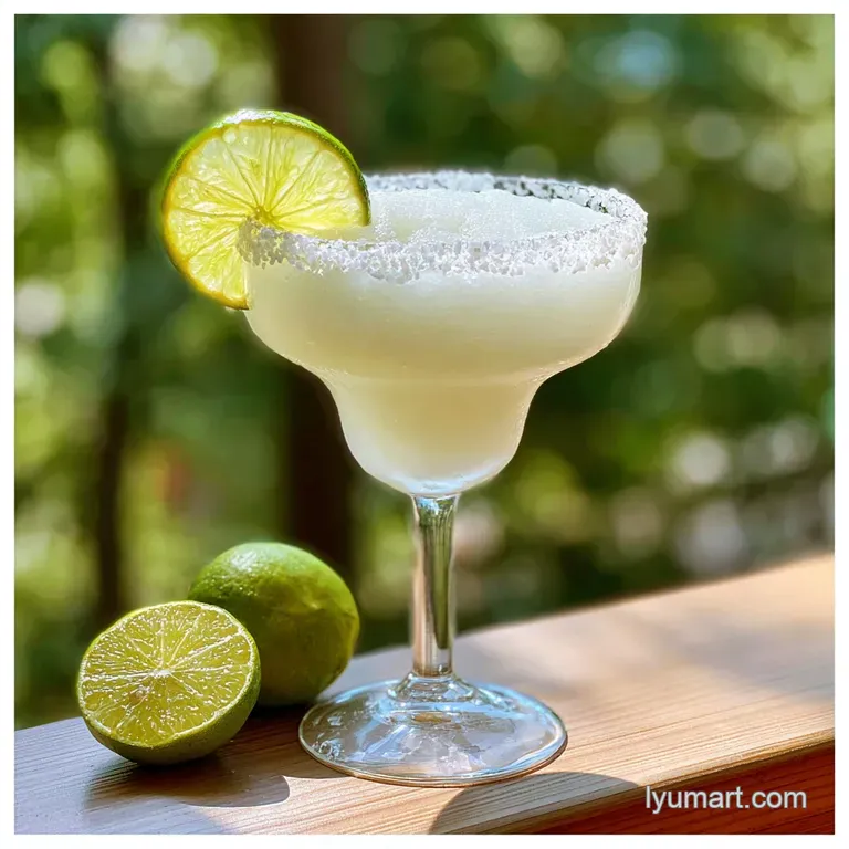 Chilled margarita in a stemmed glass. Lime wedge sits on the rim. Light catches the salted edge with a cool frosty appeara...