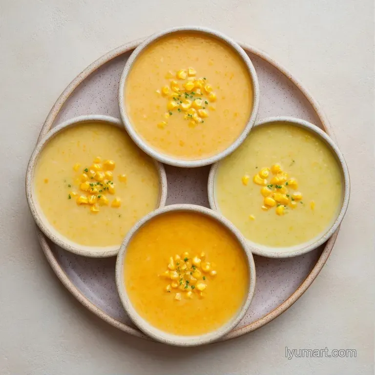 Creamy yellow soup in a white ceramic bowl with an oil swirl, fresh microgreens, and toasted sourdough bread.