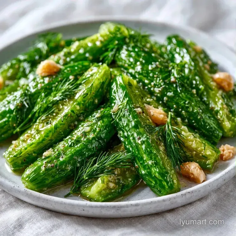 Sliced pickle spears arranged on a white ceramic plate, garnished with bright dill fronds and peppercorns.