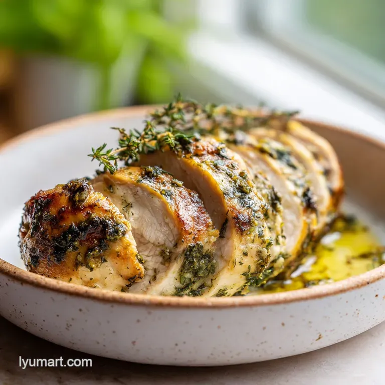 Elegant white plate showcasing tender, herb-crusted chicken slices with a rich, savory pan sauce.