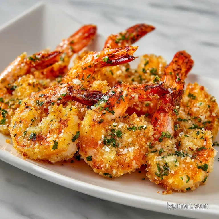 Golden-brown shrimp artfully arranged on a white plate, drizzled with sauce and garnished with fresh parsley and lemon wed...