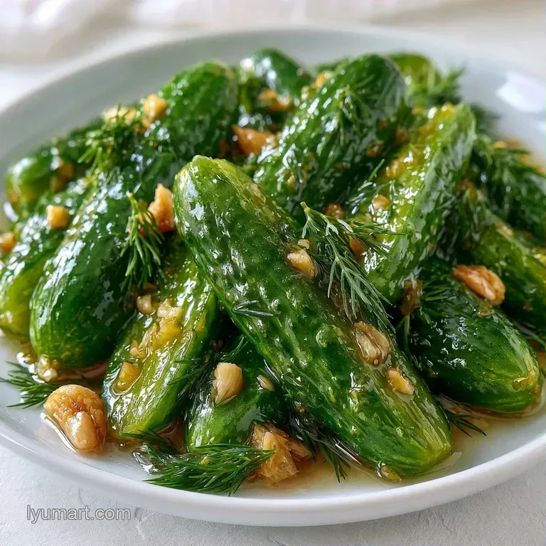 Chilled green pickle slices and garlic cloves artfully arranged on a white platter with sprigs of fresh dill.