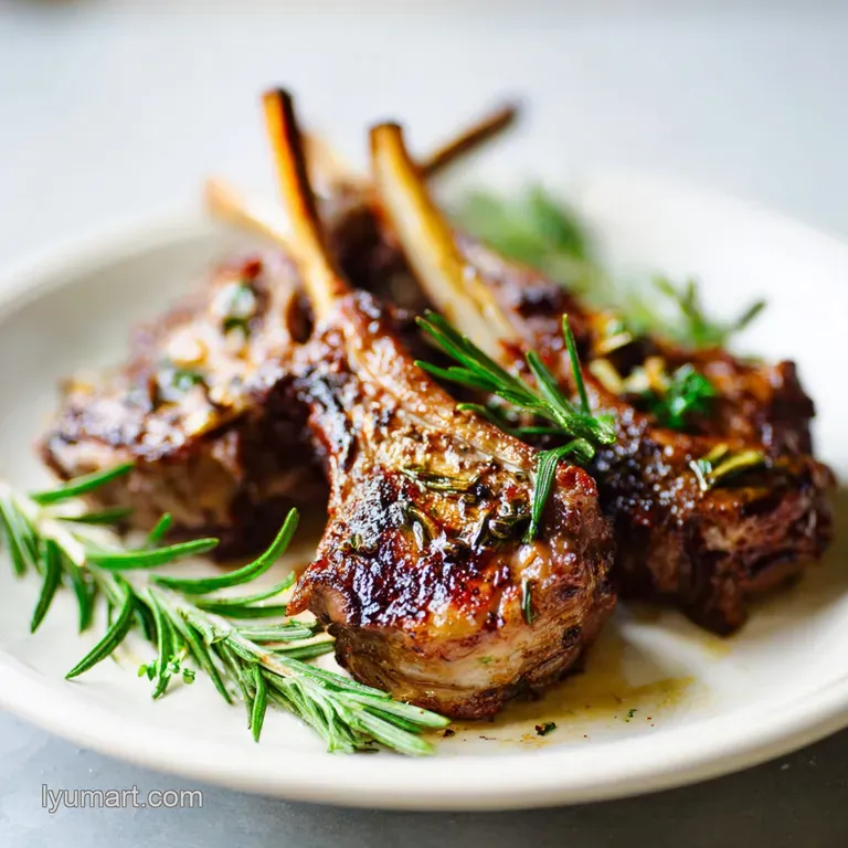 Perfectly seared lamb chop with golden crust, rosemary sprig garnish, resting on creamy mashed potatoes. Rustic, comfortin...