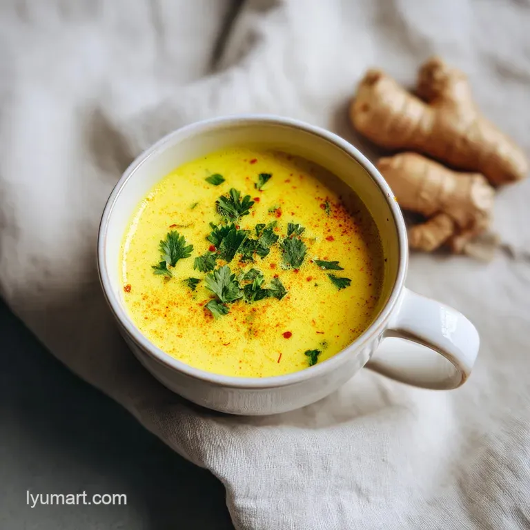 Steaming mug of amber liquid with lemon and ginger; soothing drink, a cozy remedy against a blurred, warm background.