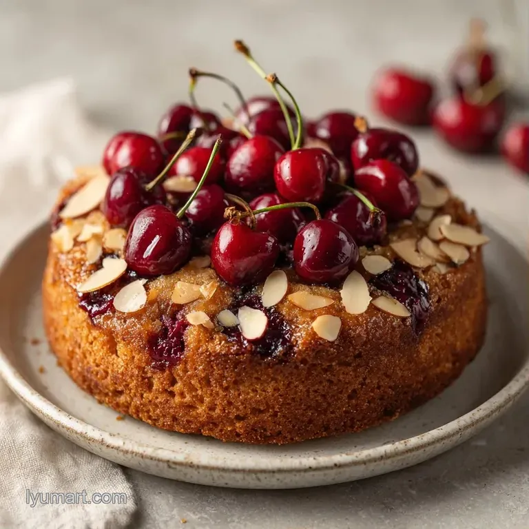 A precise slice of golden cake with red cherries, dusted with powdered sugar and served on a minimalist white dish