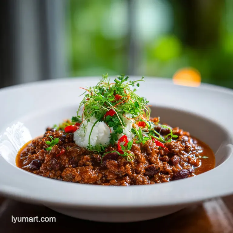 Deep red chili con carne served in a white bowl, garnished with fresh cilantro, lime wedge, and a dollop of cool sour cream.