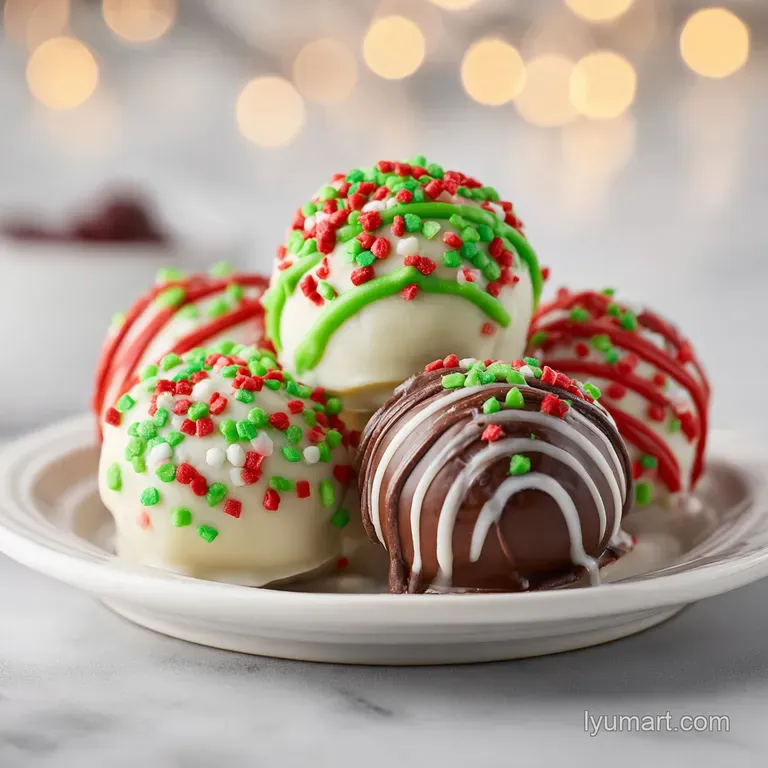 A festive arrangement of bright green truffles on a white plate, dusted with white edible glitter.