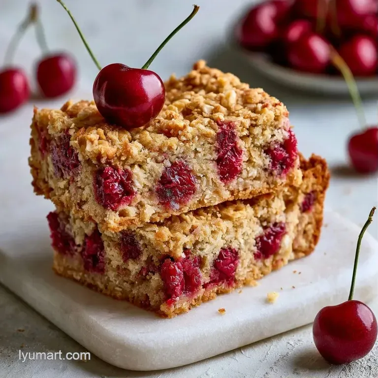 A neat stack of hearty oat squares topped with fresh cherries and a drizzle of honey on a white ceramic plate.