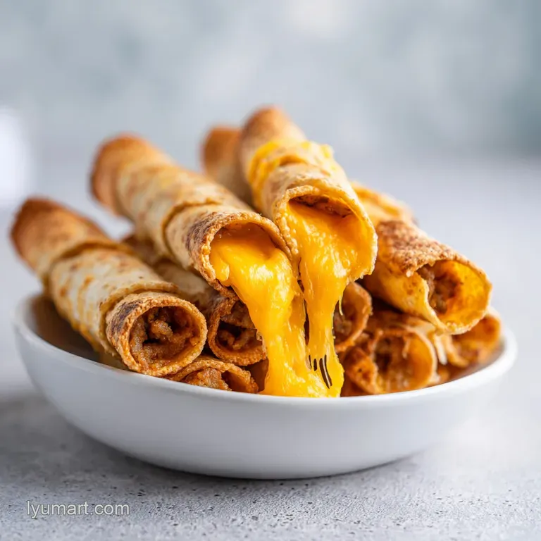 Golden corn rolls arranged on a white platter with swirls of crema, lime wedges, and sprinkles of fresh cilantro.