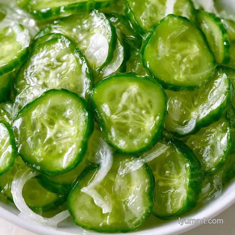 Bright green pickle slices and sliced onions neatly arranged in a crystal bowl with a sprinkle of fresh dill.