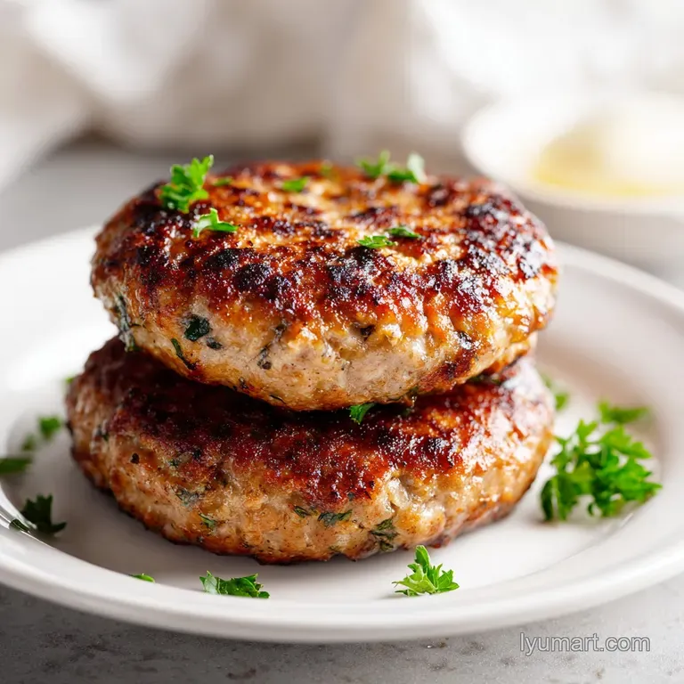 Two breakfast sausage patties plated with scrambled eggs and a side of toast. Rustic and hearty breakfast with vibrant col...