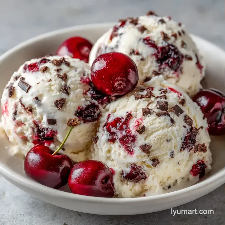 Two perfect scoops of pale pink ice cream in a glass bowl, topped with a fresh cherry and dark chocolate shavings.