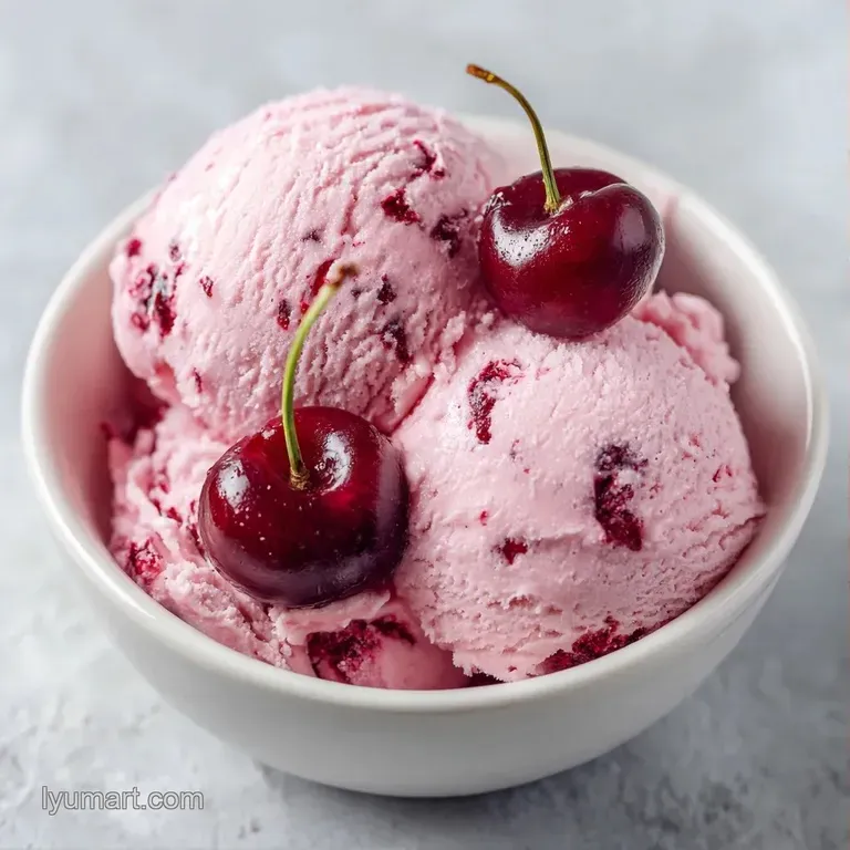 Three pale pink scoops in a chilled glass bowl, surrounded by fresh pitted cherries and a bright mint leaf garnish.