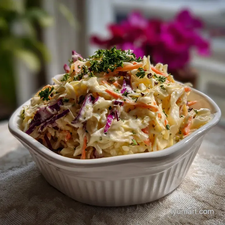Elegant coleslaw artfully arranged on a white plate. The crisp vegetables contrast the smooth dressing, offering a delight...