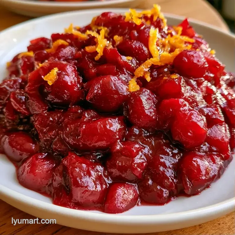 Elegant glass bowl of deep crimson sauce garnished with a bright sprig of fresh parsley and curls of orange zest.