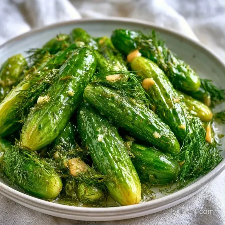 Sliced green pickle rounds arranged on a white ceramic plate with a sprig of fresh dill and cracked black pepper.