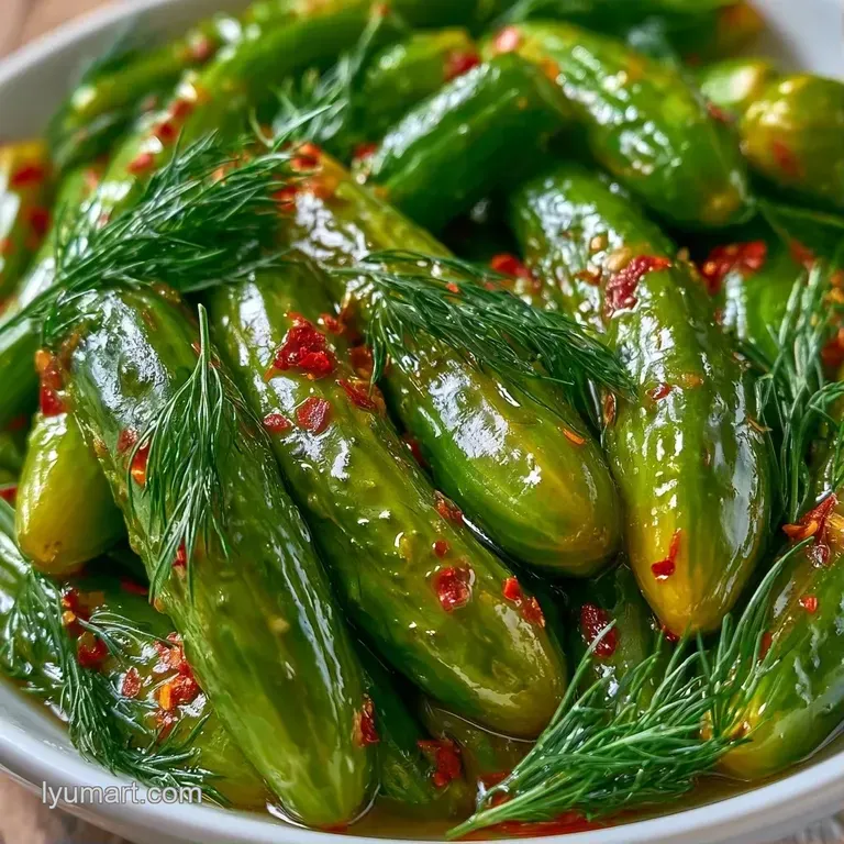 Vibrant green pickle spears arranged on a white platter, garnished with cracked black pepper and fresh herbs.