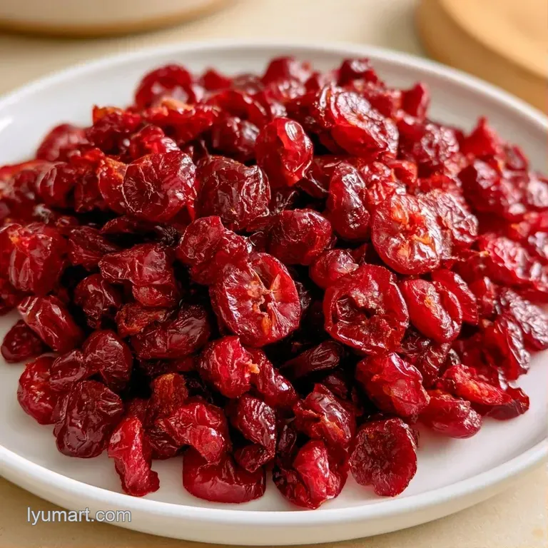 A handful of glossy crimson berries scattered artistically across a clean, white polished marble surface.
