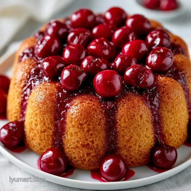 A delicate slice of golden cake with ruby red cherries on a white plate, paired with a dollop of whipped cream.