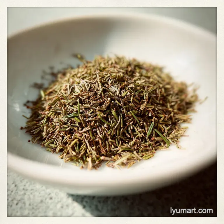 Small glass bowl filled with fragrant herbes de provence. The vibrant mix hints at sunny fields and delicious Mediterranea...
