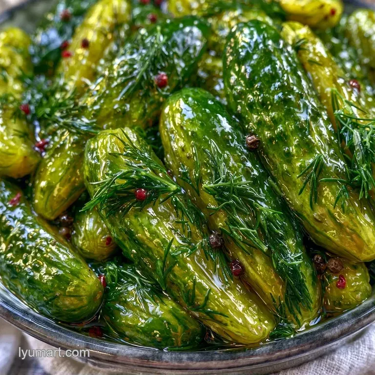 Sliced crisp green pickles arranged on a white ceramic platter with fresh dill sprigs and cracked black pepper.