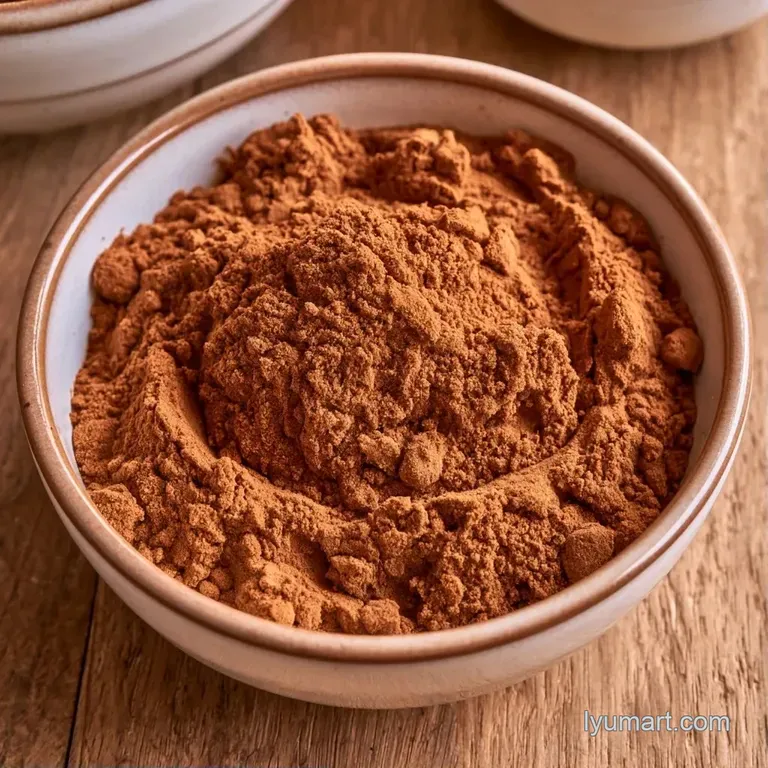 A small ceramic bowl of fine brown spice powder next to raw cinnamon bark on a textured white linen cloth.