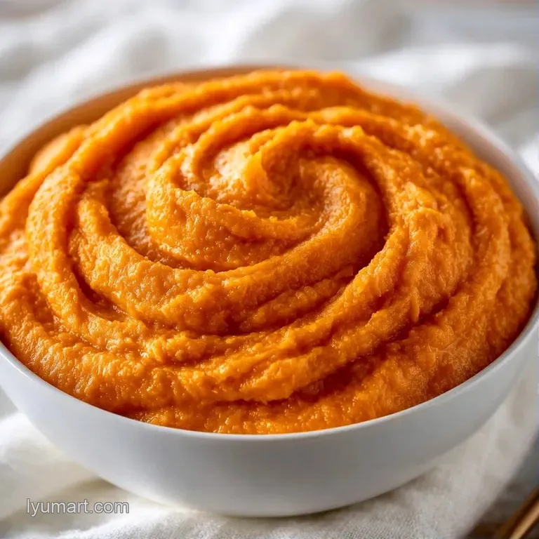 A swoop of creamy orange puree on a matte white plate, garnished with toasted pepitas and a drizzle of oil.