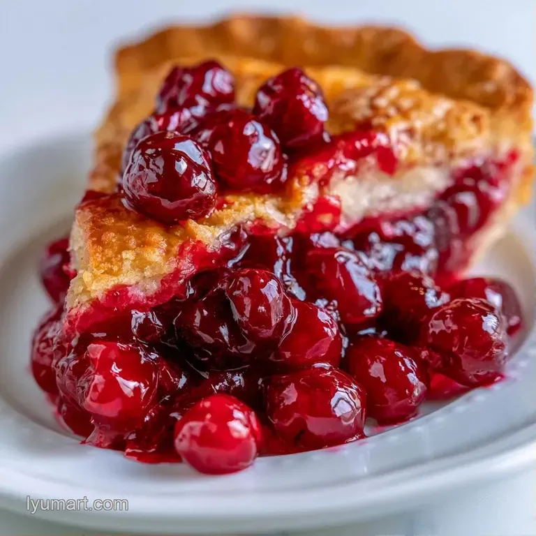 A slice of deep red fruit tart with a buttery golden crust and melting vanilla ice cream on a polished white plate.