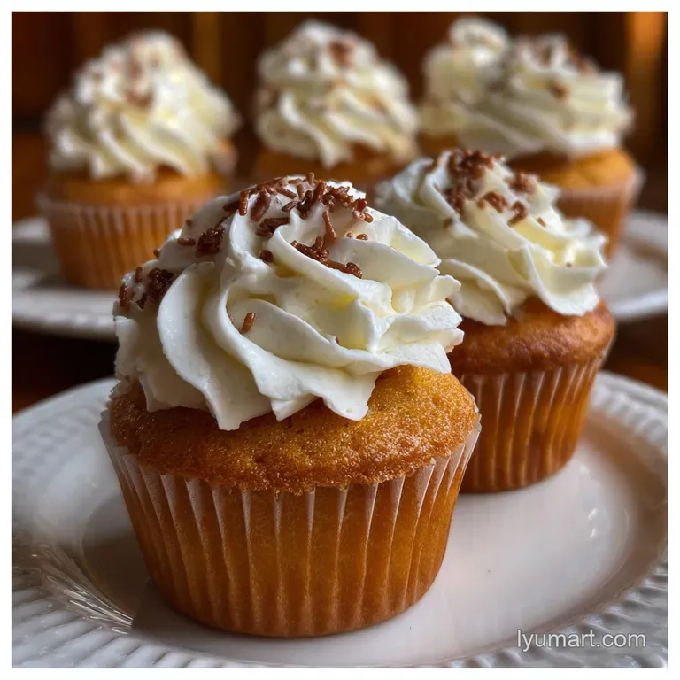 Delicate vanilla cupcakes arranged on a white plate, showcasing a tender crumb and light buttercream frosting.