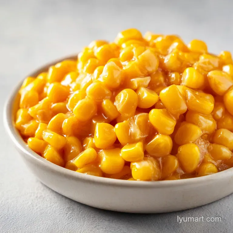 Steaming yellow corn kernels glazed in golden butter, served in a cast iron skillet with fresh green chives.