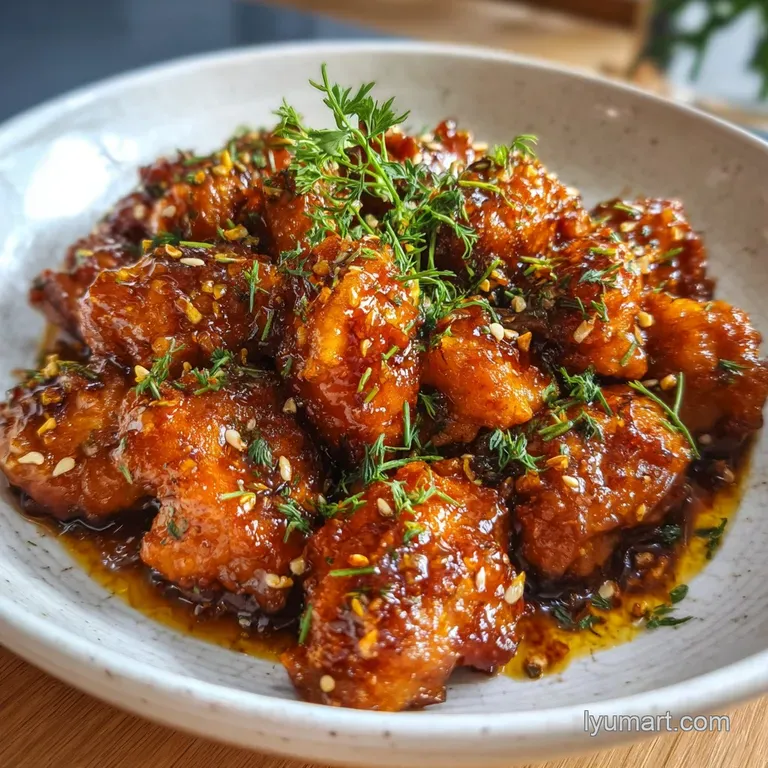 Juicy honey garlic chicken thigh served on white plate. Glistening glaze with fresh thyme, sitting on fluffy white rice.