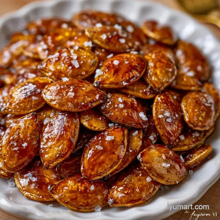 A small ceramic bowl filled with amber-colored toasted seeds, accented by a sprinkle of sea salt and cinnamon.