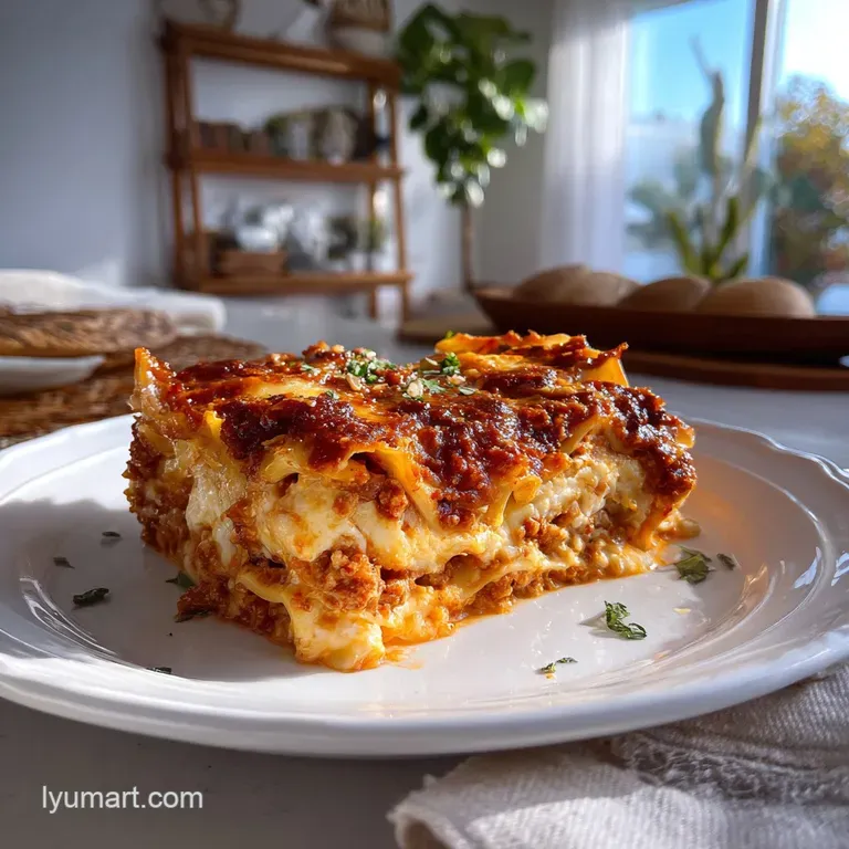 Lasagna slice on a white plate; the layered pasta, meat sauce, ricotta cheese and melted mozzarella create an inviting, co...