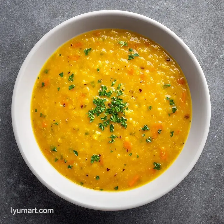 Golden yellow soup in a white ceramic bowl with a drizzle of coconut milk and a fresh sprig of green coriander.