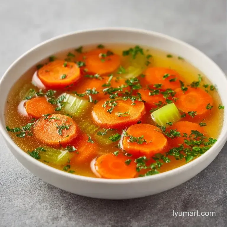 White ceramic bowl of colorful vegetable soup on a linen napkin, topped with a swirl of cream and fresh parsley.