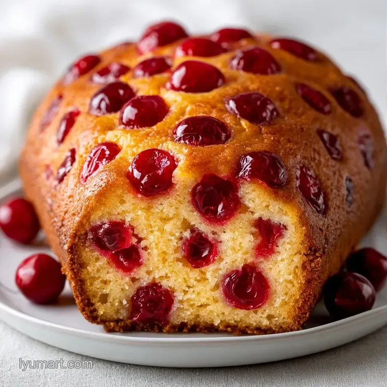 A thick slice of golden cake dusted with powdered sugar and paired with fresh red cherries on a marble plate.