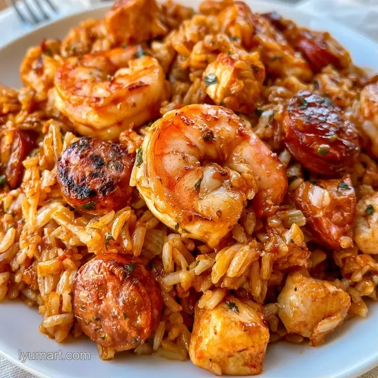 A steaming pile of reddish-orange rice, juicy pink shrimp, and browned sausage served in open aluminum foil.