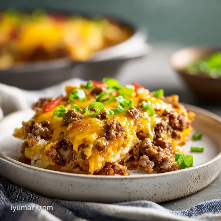 Creamy cheeseburger casserole portion, steam rising, garnished with bright green scallions on a white plate.