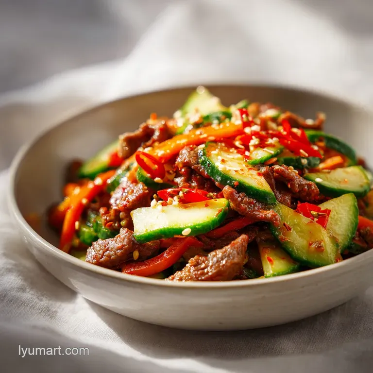 A bright plate with Korean beef, ribbons of cucumber, and chili flakes. Steam rises, promising a savory, spicy, flavorful ...