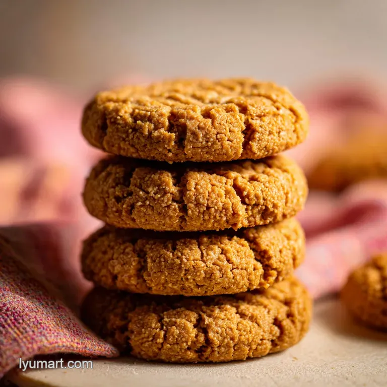 Three perfectly round, textured keto peanut butter cookies artfully arranged on a white plate with a drizzle of melted cho...