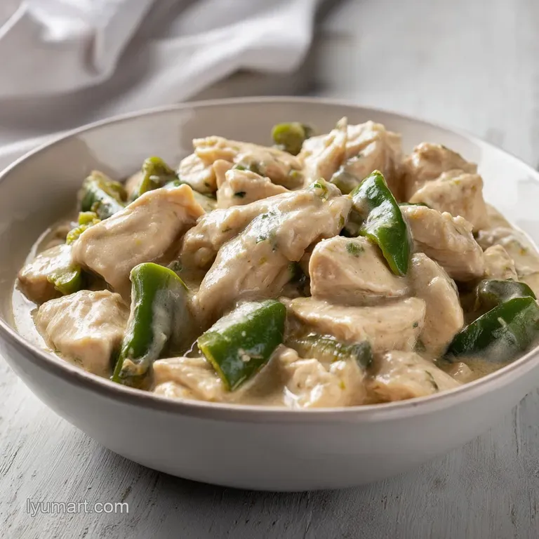 A rustic white ceramic bowl of thick creamy stew garnished with a fresh lime wedge and a swirl of cool sour cream.