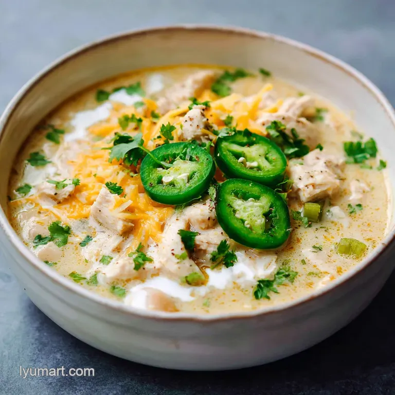 Elegant bowl of steaming white chicken chili, topped with fresh cilantro and a dollop of sour cream. Warm, inviting, and f...