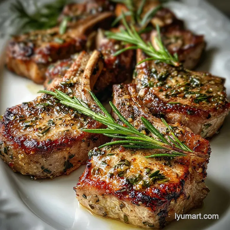 Elegant lamb chop presentation: rosy pink center, drizzled pan sauce, nestled beside vibrant green asparagus spears. Glist...