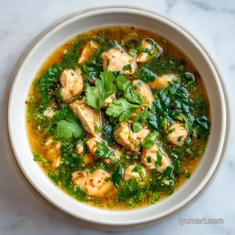 A minimalist white bowl filled with shimmering golden broth, diced chicken, and fresh sprigs of green parsley.