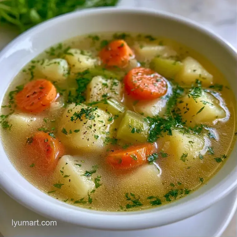 A white porcelain bowl of clear broth with neatly diced orange carrots, gold potatoes, and a sprig of fresh parsley.