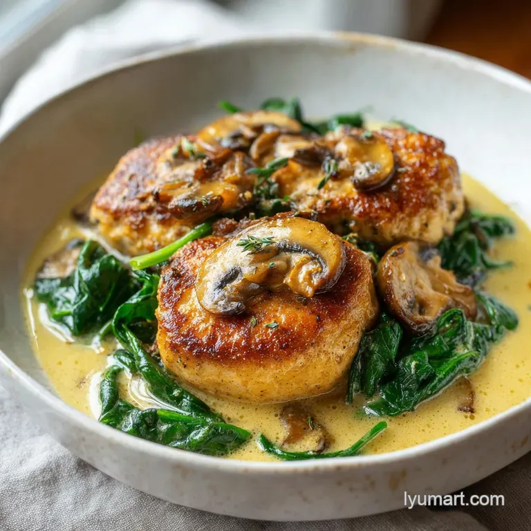 A creamy portion of chicken and mushrooms on a white plate, garnished with a sprig of parsley and steamed greens.