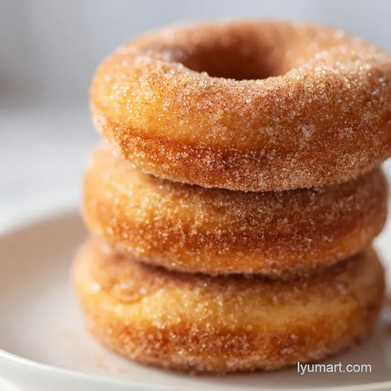 Trio of fluffy, golden rings stacked on a marble platter with fresh raspberries and a side of creamy coffee.