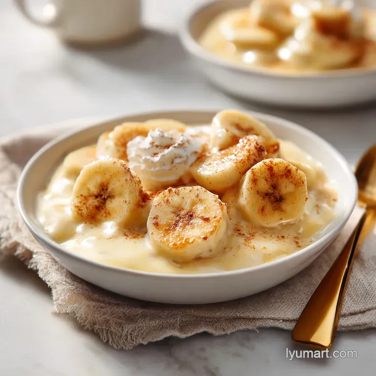 A rustic ceramic bowl filled with creamy banana pudding, topped with whipped cream and a sliced banana.